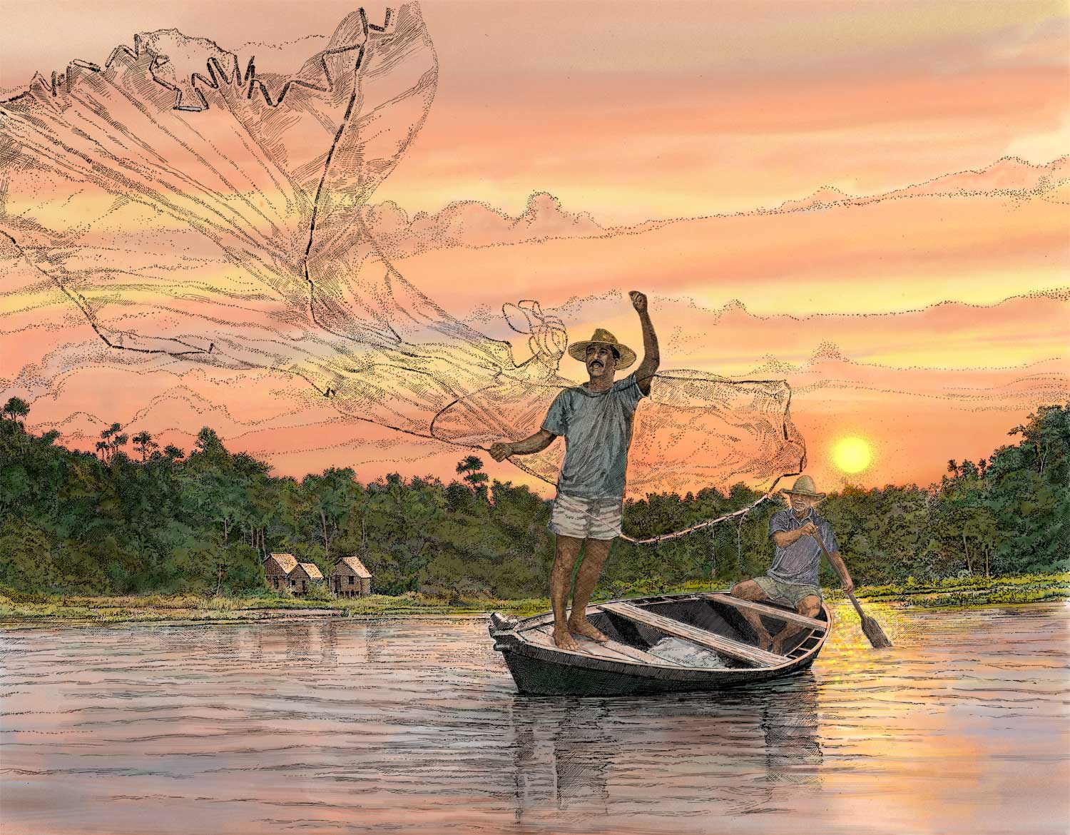 Two Fishermen fishing in the Amazon River